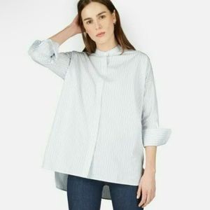 Everlane Women's The Cotton Collarless Square Shirt Muted Blue/White stripe Sz 6